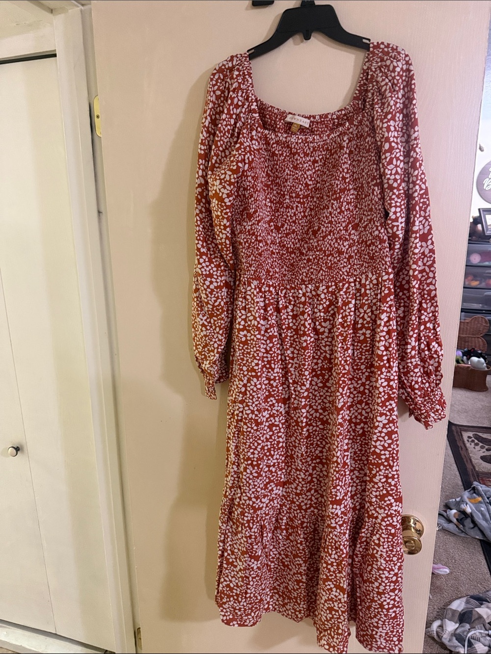 DownEast Rust Red Floral Long Sleeve Smocked Midi Dress